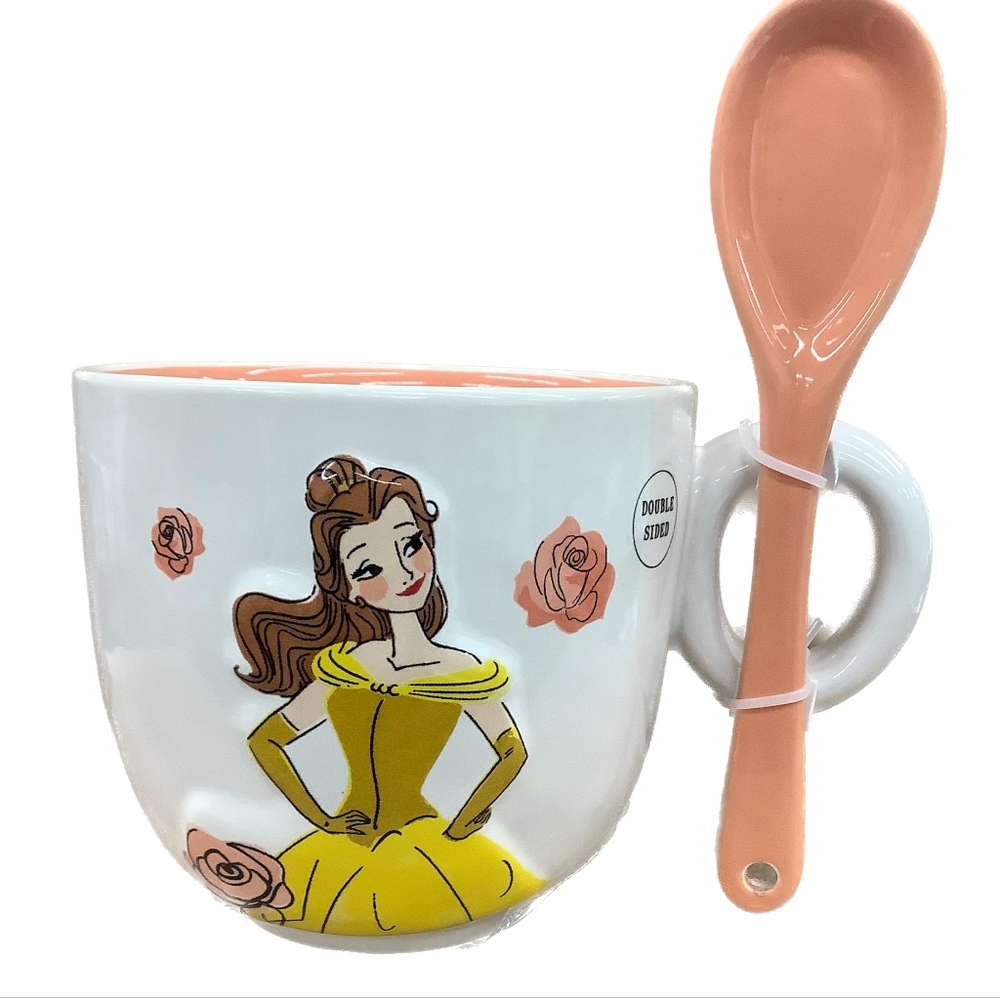 Rae Dunn White Ceramic Mug with Yellow Dress Illustration and Peach Spoon